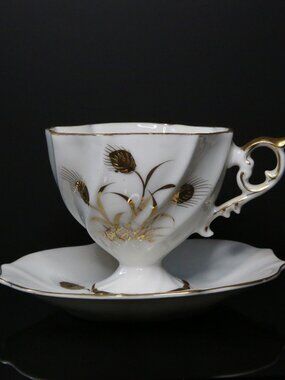 Norcrest Japan Guilt Gold Wheat Pattern Pedestal Cup and Saucer Set